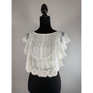ALTAR'D STATE Lace Eyelet Top Sheer Crop Top Layered Tie Tassle Smocked‎ Top S